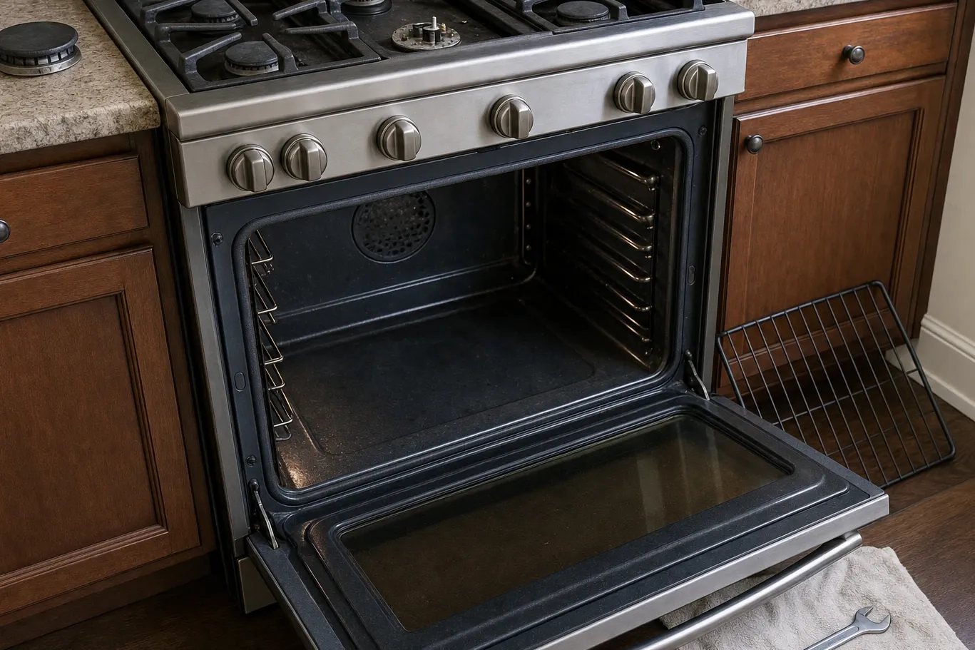 Stainless gas range with its oven door lowered on an empty cavity, one wire rack leaning against dark cabinets