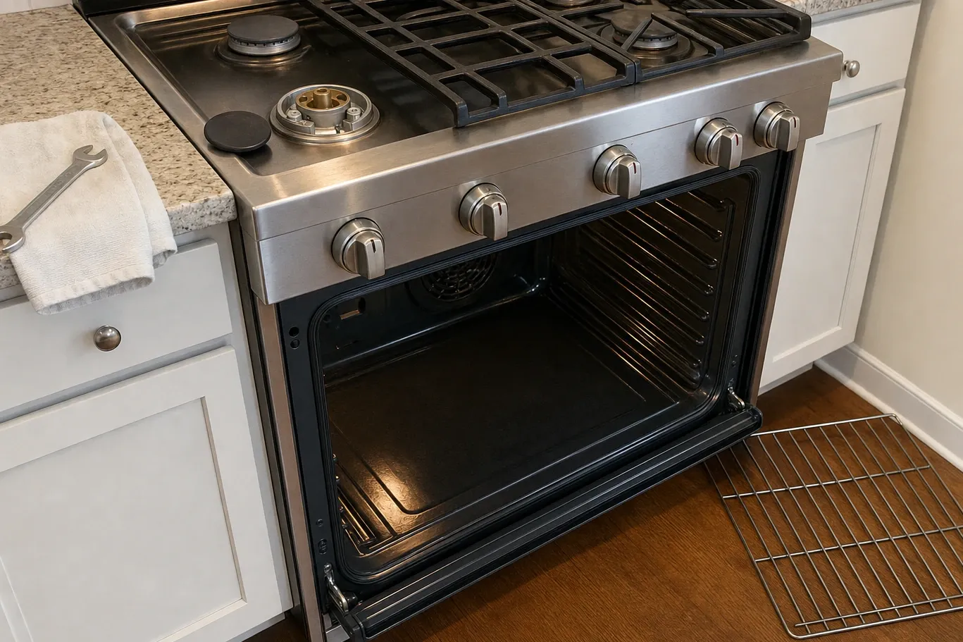 Gas range with one surface burner stripped to its brass orifice, the cap set aside and the oven door open